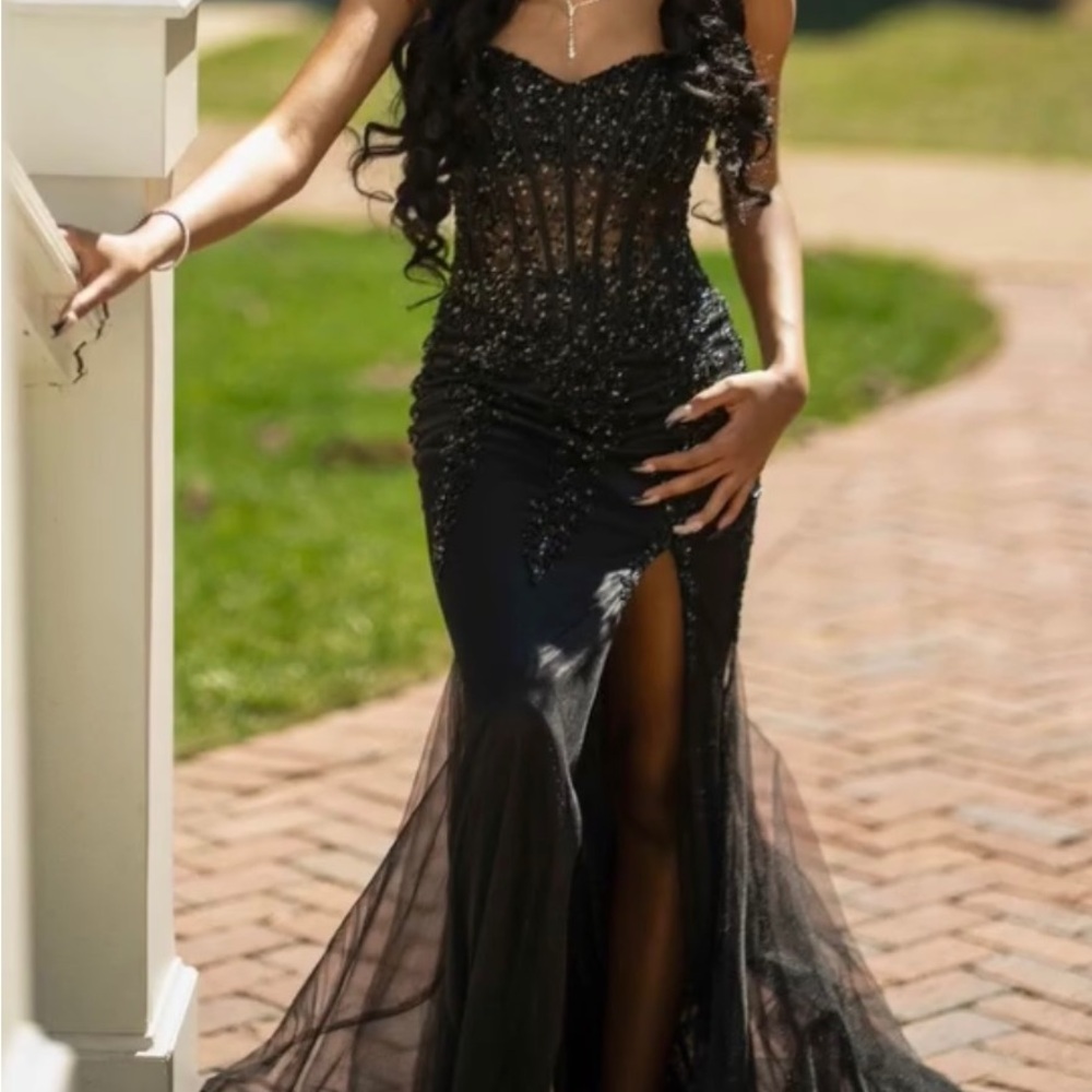 Black Embellished Backless Tiered Prom Gown